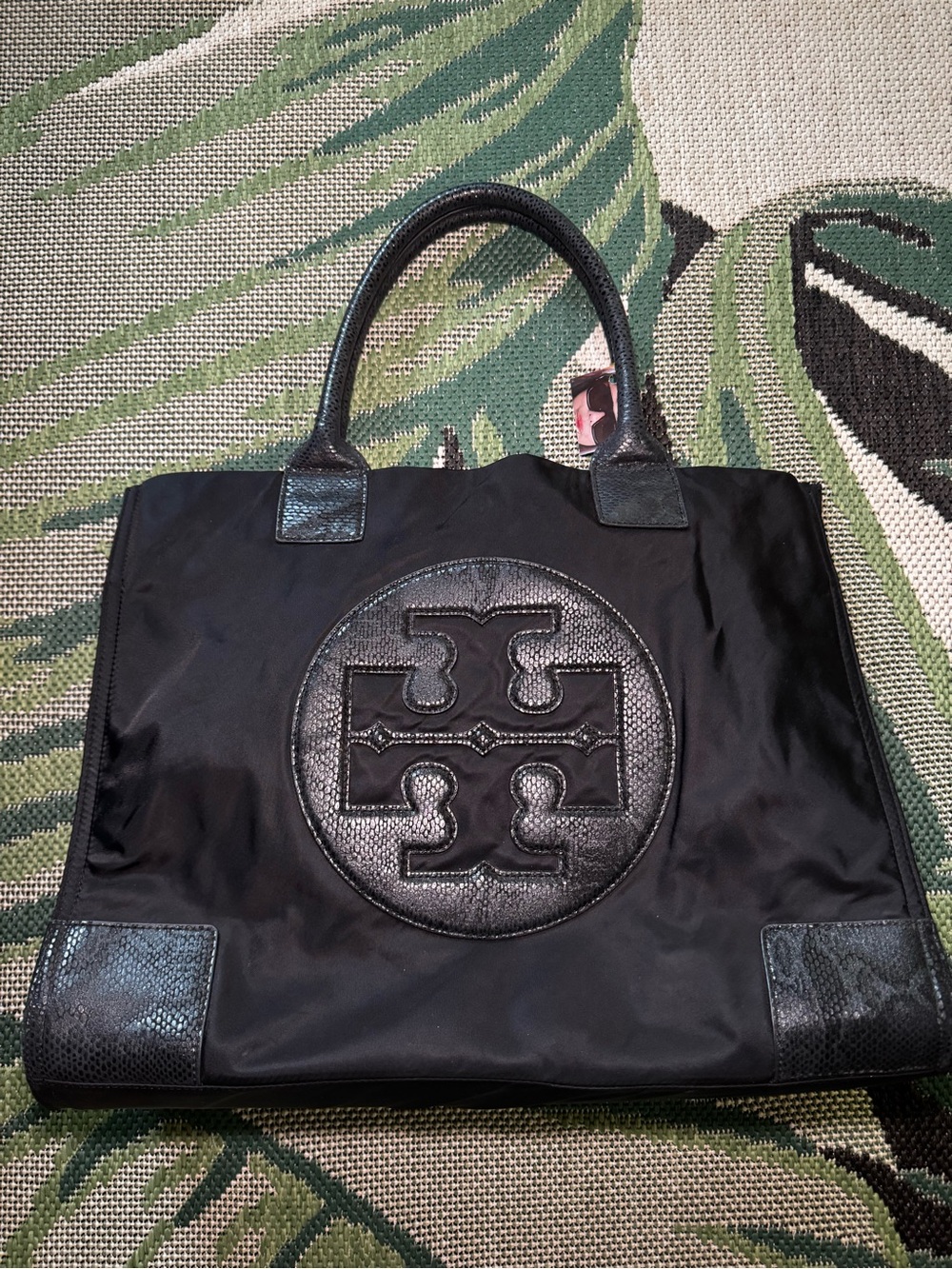 Tory Burch Ella Black Nylon Lg Tote with Python Embossed Accent Pre-owned